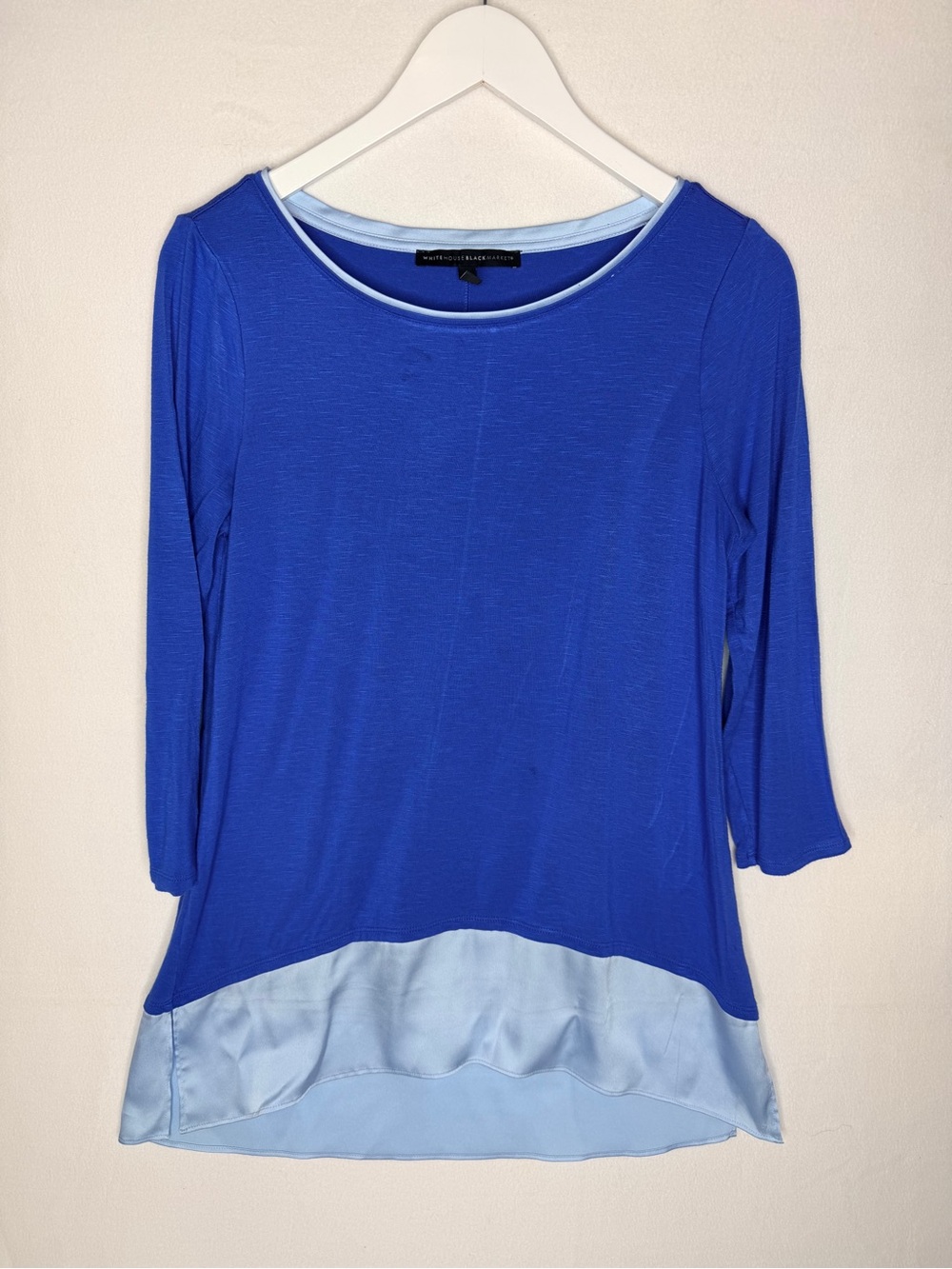 WHITE HOUSE BLACK MARKET Blue Satin Trim Tunic Top Meduim 3/4 Sleeve Blouse